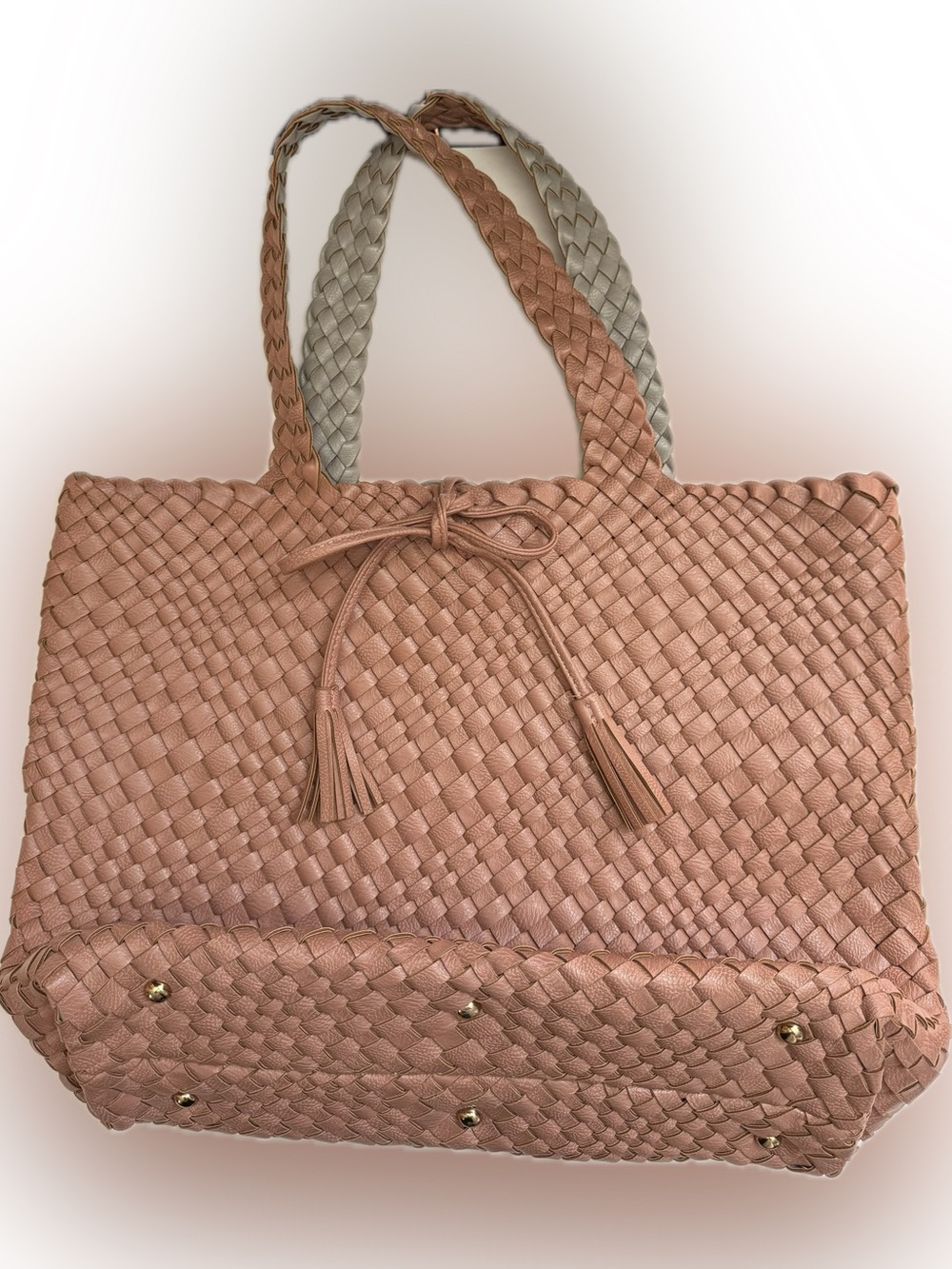Braided Tote Bag in Dusty Rose with Gray Handles